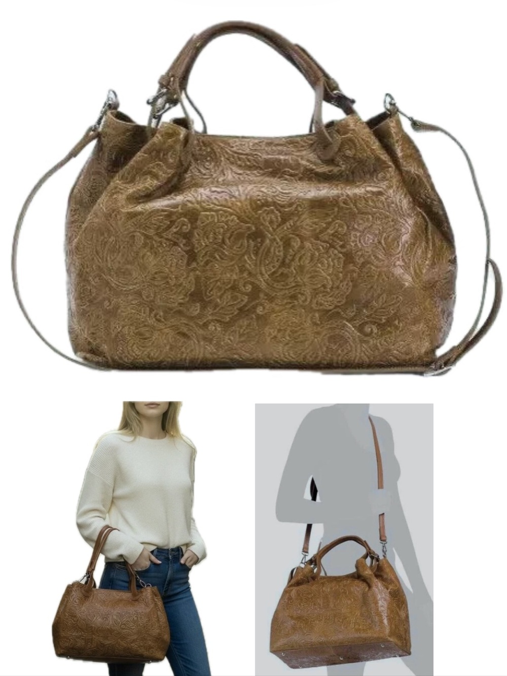 NWT Isadora Italy Tooled Genuine Leather Large Satchel Bag in Tan